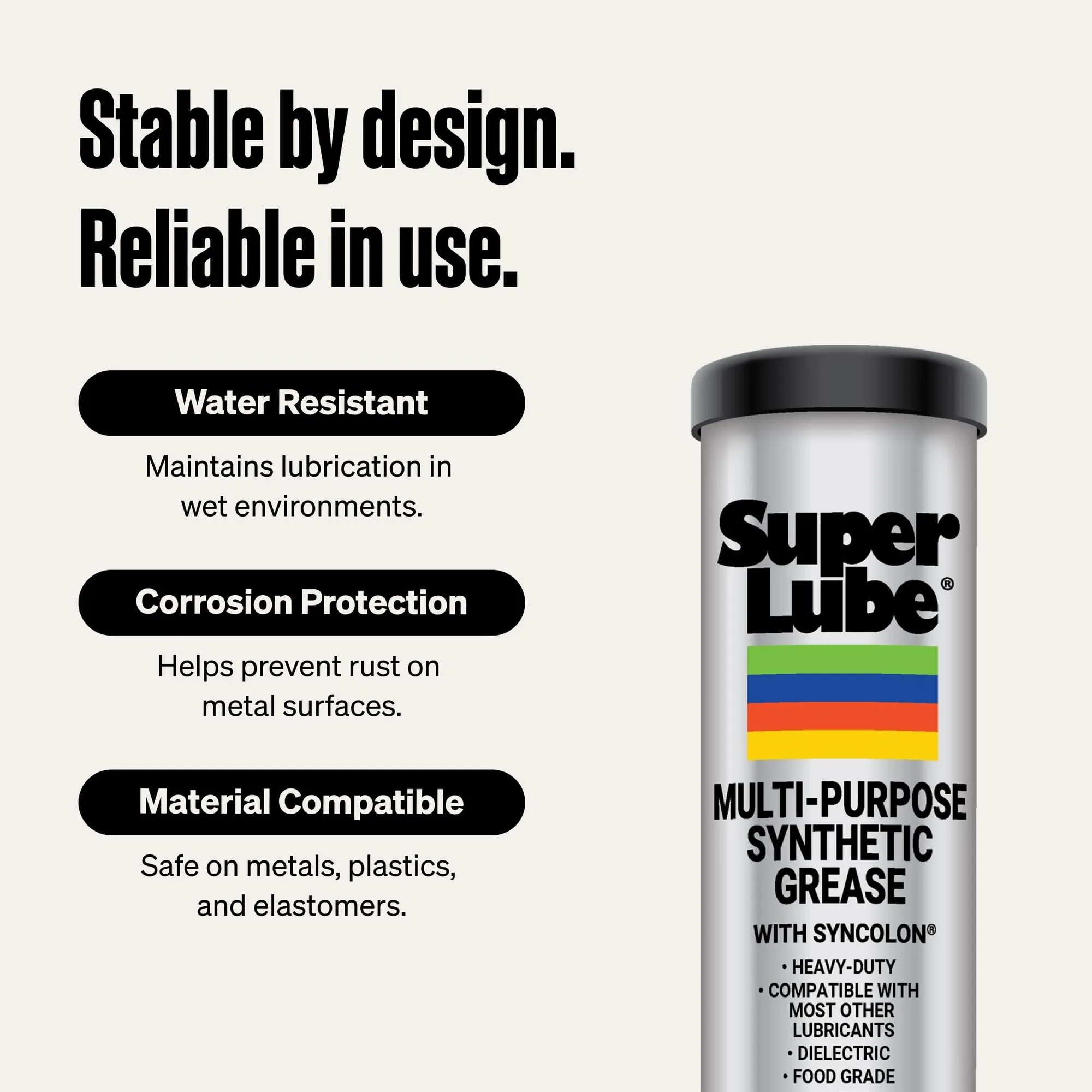 Super Lube 41150 Multi-Purpose Synthetic Grease with Syncolon, 14.1 oz Cartridge – features