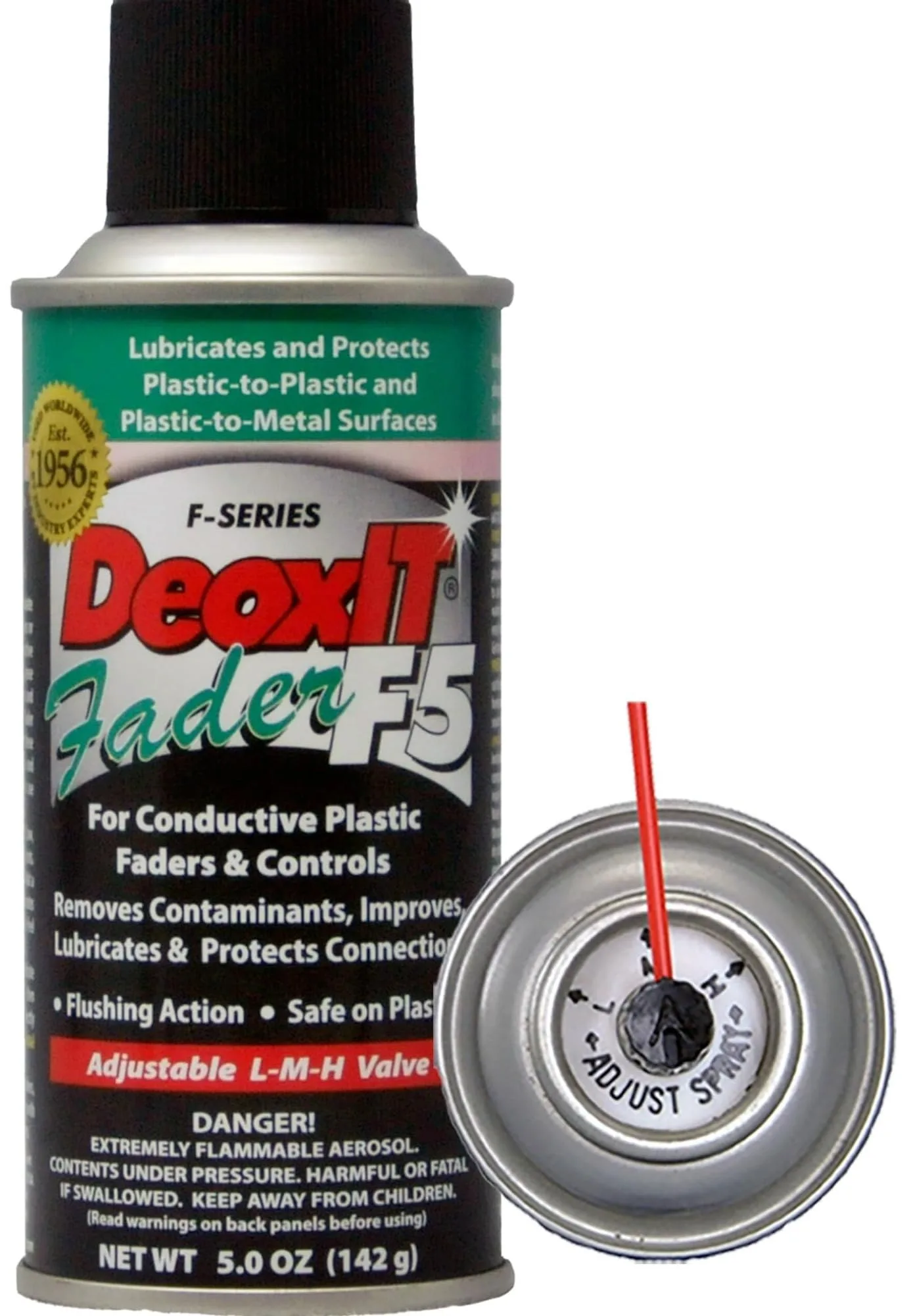 DeoxIT F5S-H6 FaderLube Spray, 5 oz – front with L-M-H valve